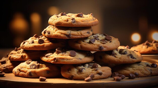 Uma pilha de biscoitos de chocolate crocantes e doces cobertos de grânulos de chocolate