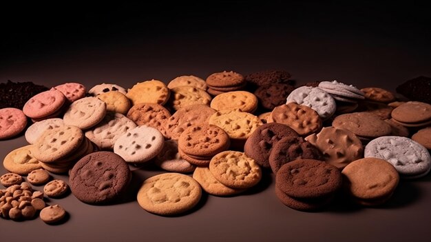 Uma pilha de biscoitos de chocolate e biscoitos fudge em uma mesa