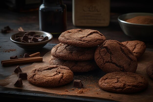 Uma pilha de biscoitos de chocolate em uma mesa de madeira