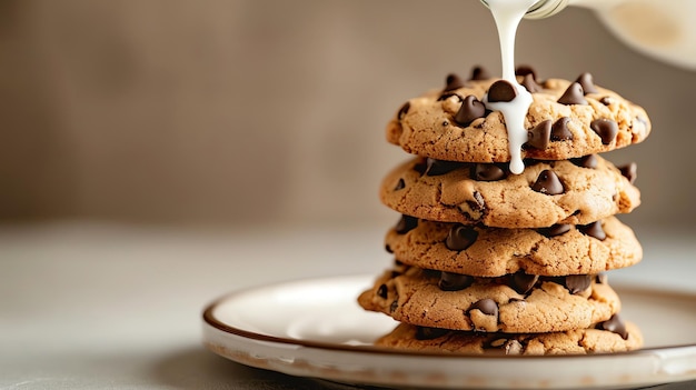 Uma pilha de biscoitos de chocolate num prato e leite