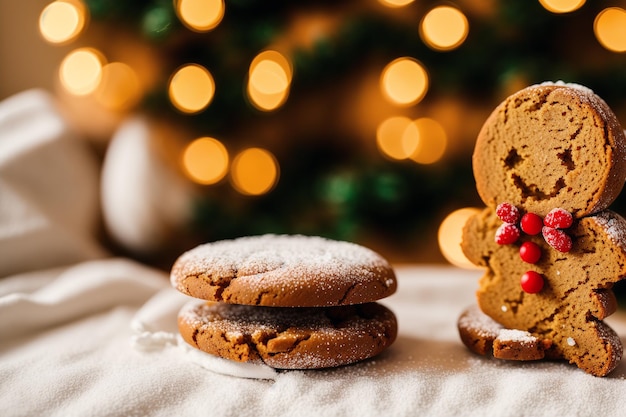 Uma pilha de biscoitos de gengibre com uma árvore de natal ao fundo