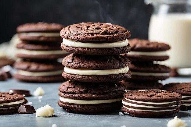 Uma pilha de biscoitos de sanduíche de chocolate com recheio de creme