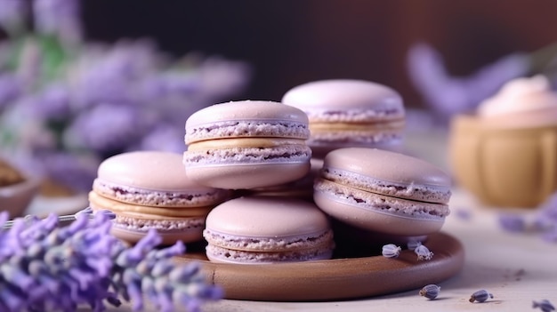 Uma pilha de biscoitos em uma mesa com flores de lavanda