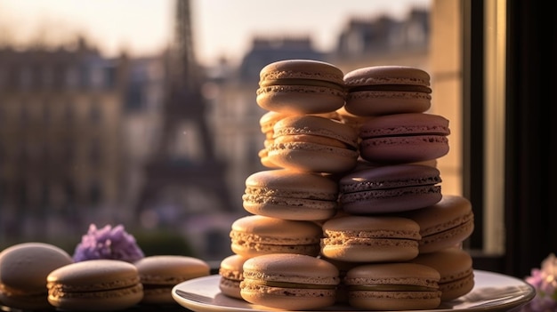 Uma pilha de biscoitos está sobre uma mesa em frente à torre Eiffel.
