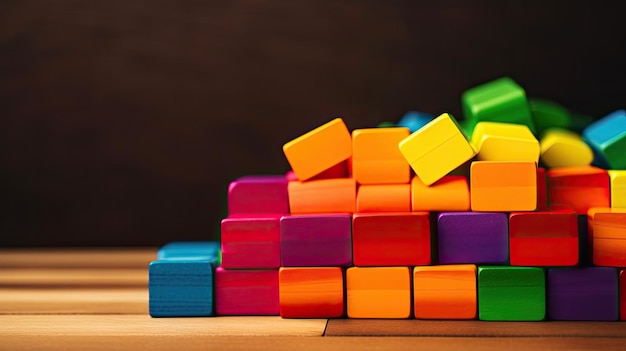 Uma pilha de blocos de madeira coloridos, sendo um deles composto por outros blocos coloridos.