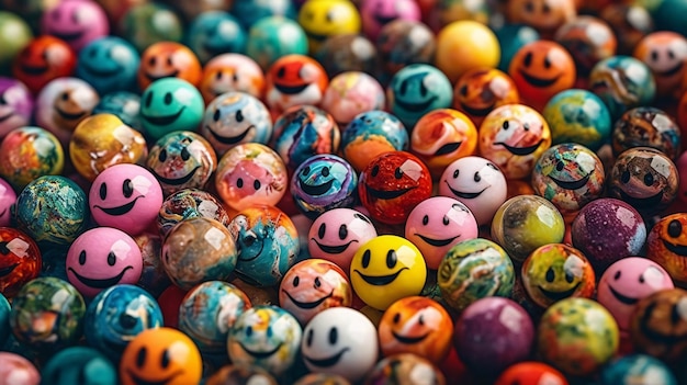 Uma pilha de bolas coloridas com rostos sorridentes nelas
