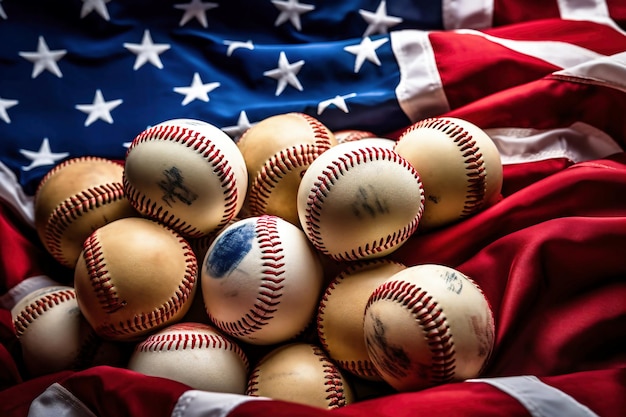 Foto uma pilha de bolas de beisebol em cima de uma bandeira americana