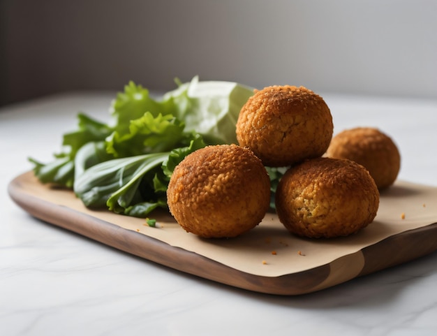 Uma pilha de bolas de falafel em uma mesa com fundo branco generativo ai