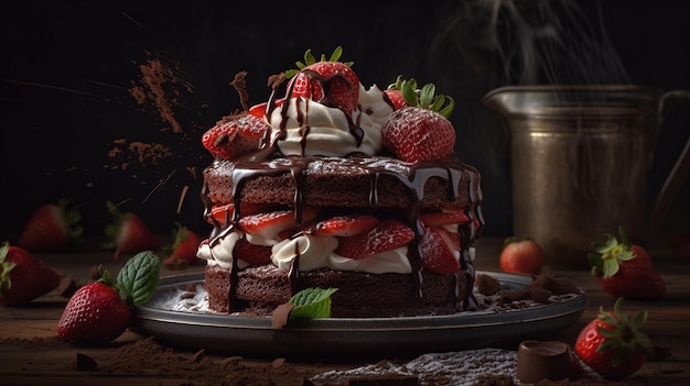 Uma pilha de bolo de chocolate com morangos e morangos por cima