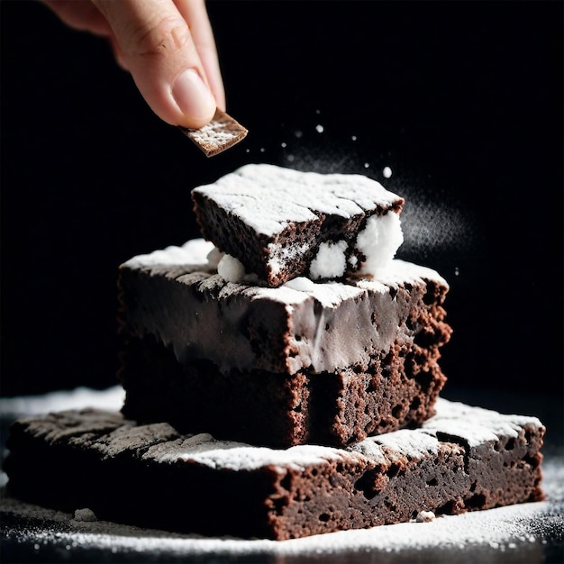 uma pilha de bolo de chocolate com pó branco em cima