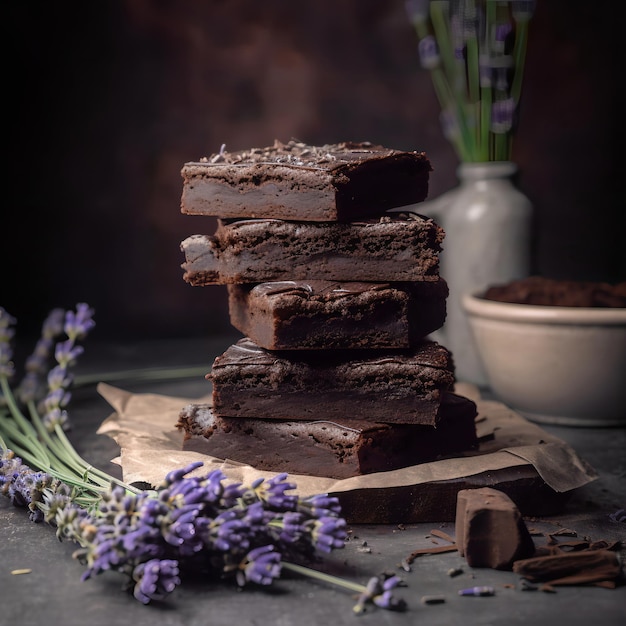 Uma pilha de brownies com flores de lavanda ao fundo.