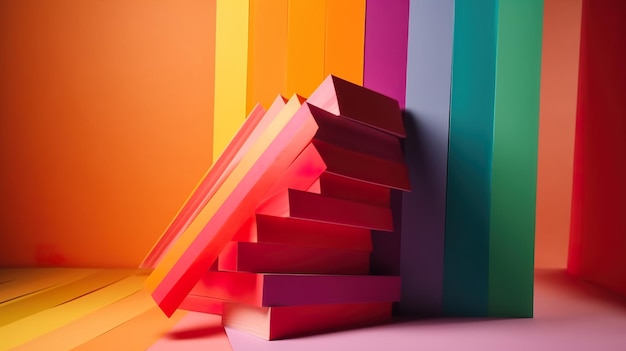 Uma pilha de caixas coloridas com a palavra "em cima".