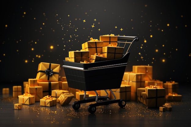Uma pilha de caixas de presente em papel dourado oferecendo espaço para texto no Natal ou na Black Friday AI gerada