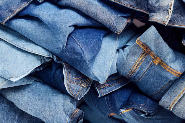 Uma pilha de calças de ganga com a palavra jeans