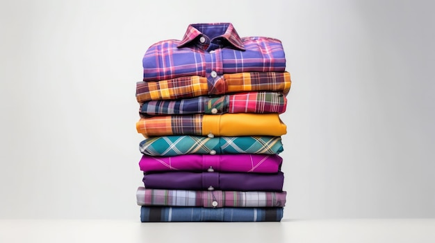 Uma pilha de camisas com cores diferentes, incluindo uma camisa xadrez.