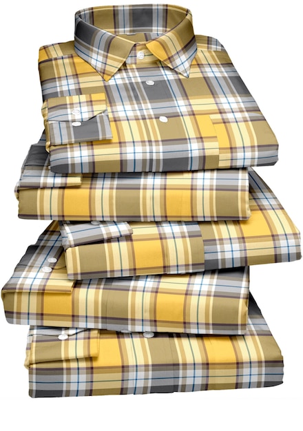 Uma pilha de camisas xadrez amarelas e cinzas com a palavra "na frente".