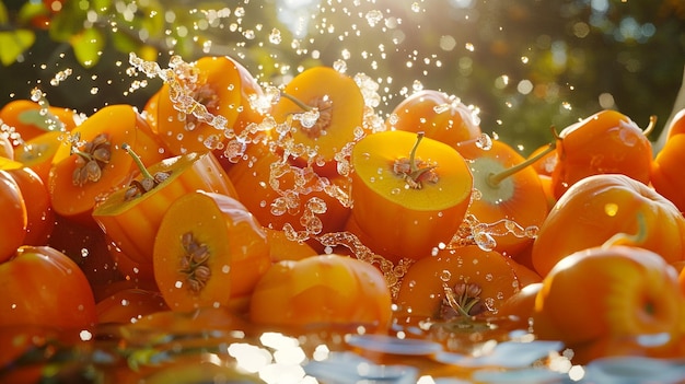 Foto uma pilha de caqui cortados sua tonalidade laranja vibrante brilhando na luz do sol com um salpico de suco doce acumulando em torno deles