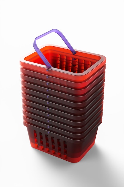 Uma pilha de cestas de compras em uma ilustração de renderização 3d de fundo branco