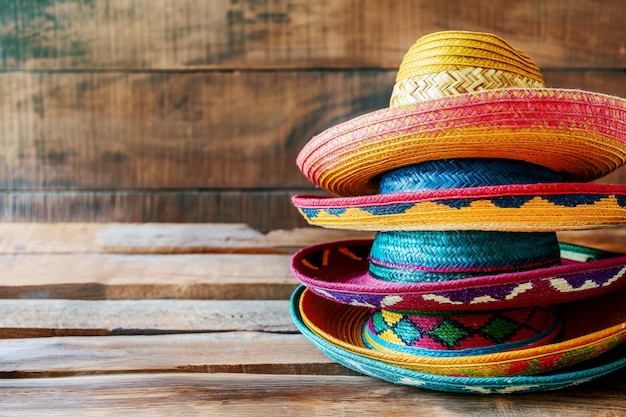 Foto uma pilha de chapéus mexicanos coloridos em fundo de madeira