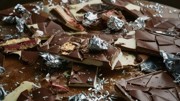 Foto uma pilha de chocolate quebrado na mesa.