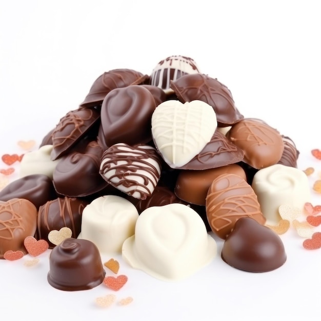 Uma pilha de chocolates com sabores diferentes, incluindo chocolate, chocolate e chocolate.