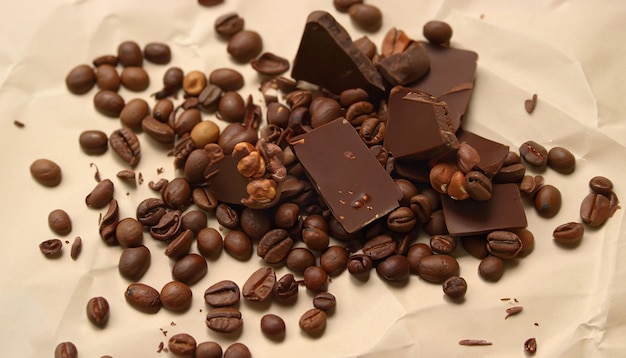 Uma pilha de chocolates e grãos de café em um pedaço de papel.