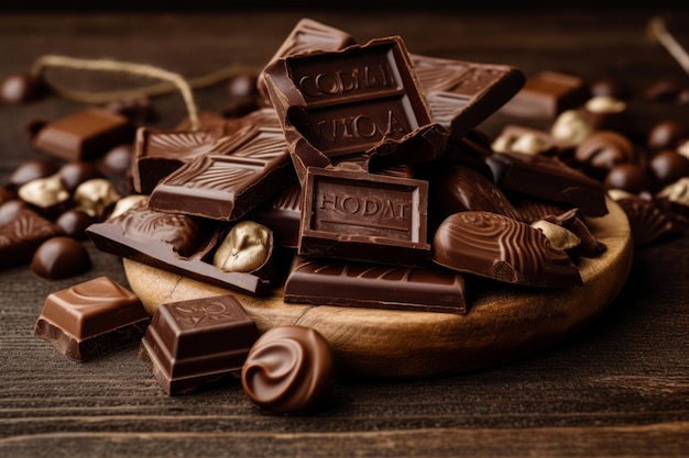 Uma pilha de chocolates em uma mesa de madeira