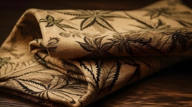 Uma pilha de cobertores de cânhamo em uma tecnologia ai generativa de mesa de madeira