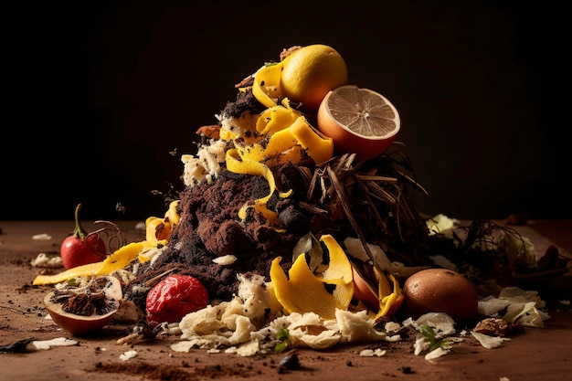 Uma pilha de comida com um fundo escuro e um monte de frutas sobre ela.