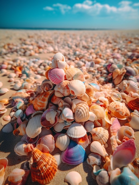 Uma pilha de conchas em uma praia com o oceano ao fundo