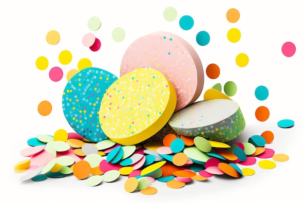 Uma pilha de confetes coloridos em um fundo branco perfeito para um casamento ou festa