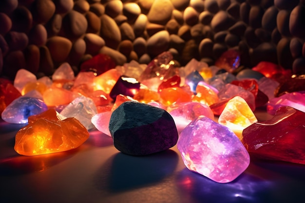 Uma pilha de cristais de sal de rocha coloridos do Himalaia em um chão de concreto em um salão de spa com paredes de pedra