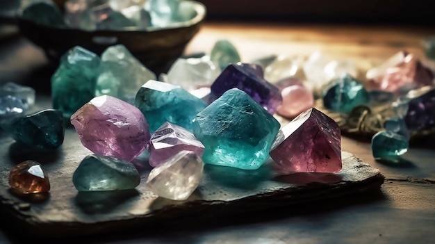 Uma pilha de cristais sobre uma mesa