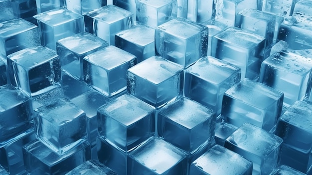 Uma pilha de cubos de gelo com a palavra gelo ao lado