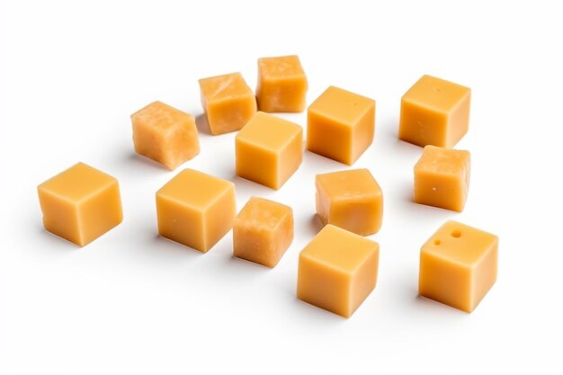 uma pilha de cubos de queijo sobre uma superfície branca