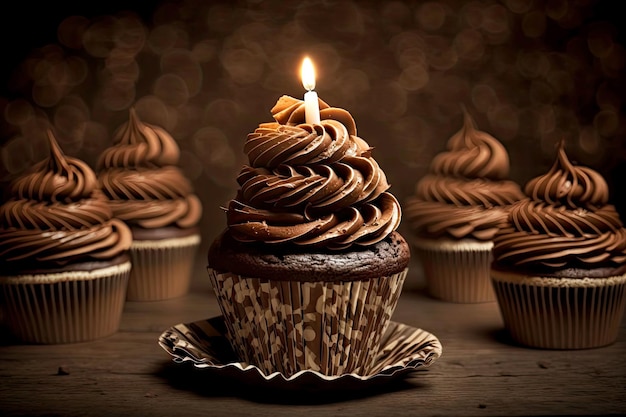 Uma pilha de cupcakes de chocolate com uma vela no centro, pronta para ser acesa e celebrada, criada com