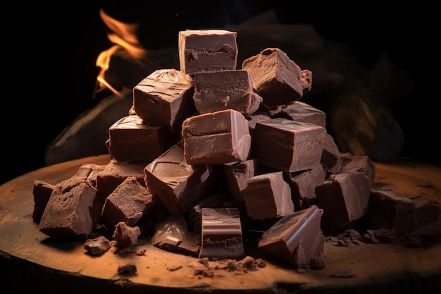 Uma pilha de deliciosos pedaços de chocolate em fundo de madeira