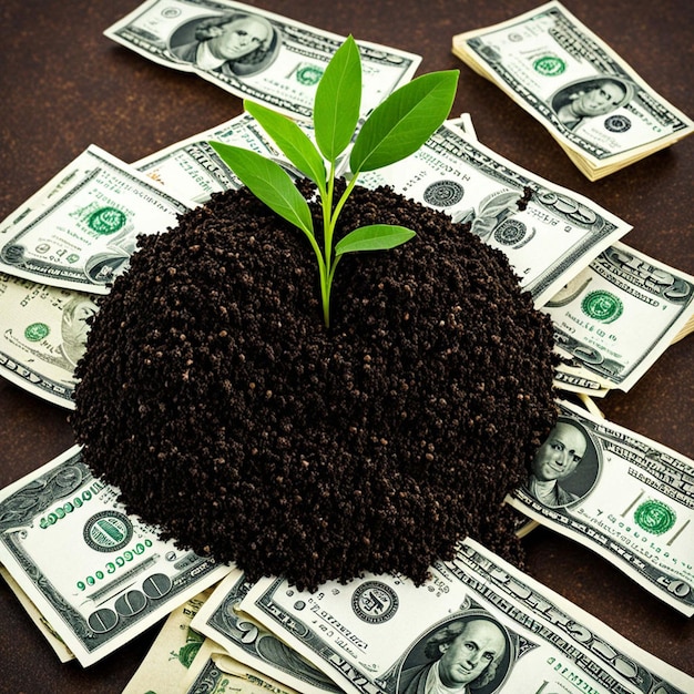 Uma pilha de dinheiro com uma planta a crescer.