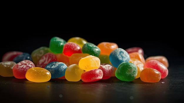 Uma pilha de doces coloridos está sobre uma mesa preta.