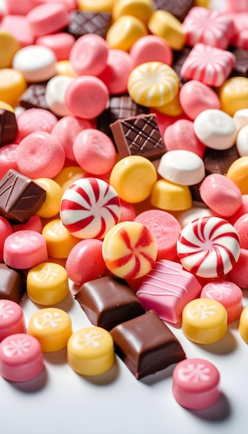 uma pilha de doces de chocolate com um doce amarelo e vermelho na parte superior