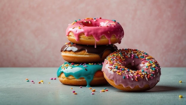 Uma pilha de donuts coloridos em cima da mesa.