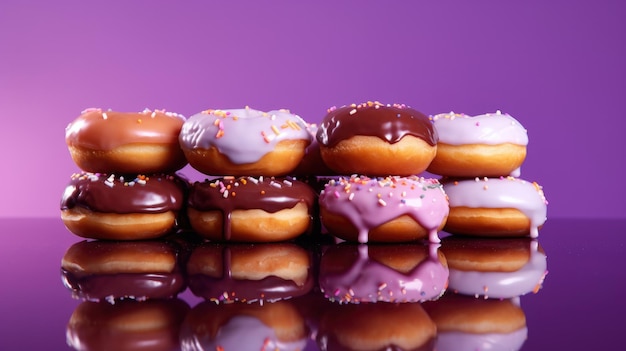 Uma pilha de donuts com chocolate e confeitos por cima