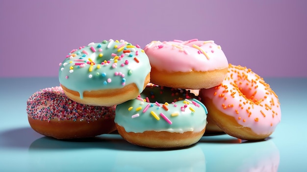 Uma pilha de donuts com confeitos por cima