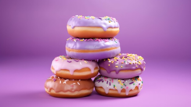 Uma pilha de donuts com glacê roxo e confeitos roxos por cima.