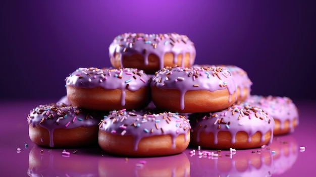 Uma pilha de donuts com glacê roxo e granulado sobre eles.