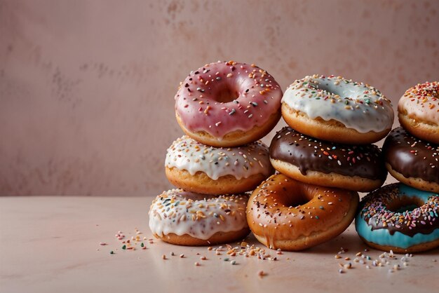 uma pilha de donuts com salpicadas e salpicadas sobre eles