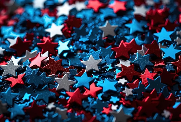 uma pilha de estrelas e confeti espalhados ao redor no estilo de patriótico