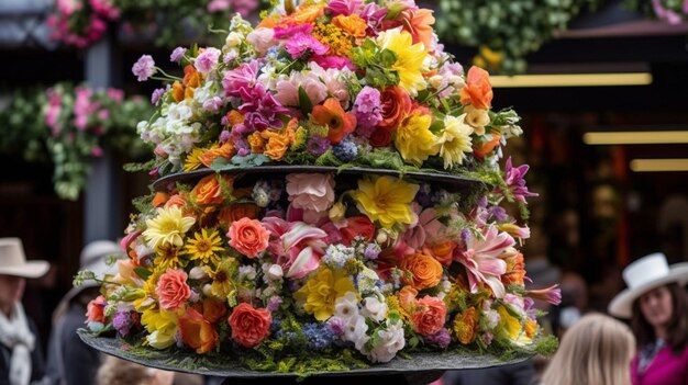 Uma pilha de flores em um carrinho