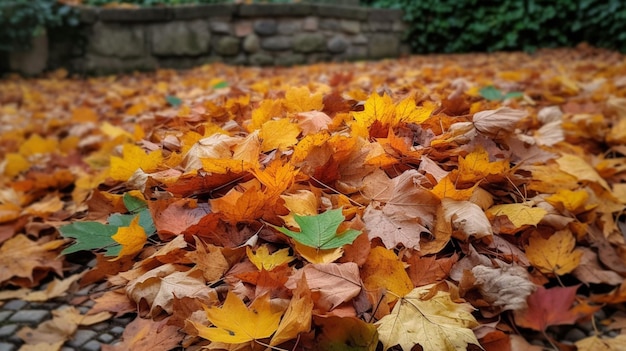 Uma pilha de folhas de outono no chão
