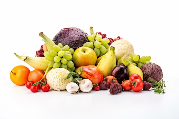 Uma pilha de frutas e legumes em um fundo branco
